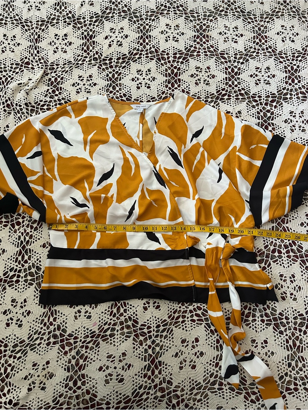 Nine West Mustard, Black and White Wrap Blouse with Side Tie - Picture 4 of 6